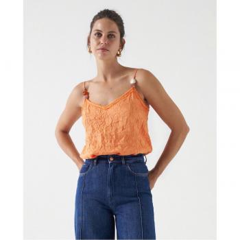 Top de mujer Salsa Jeans con tirantes, efecto arrugado y detalle de abalorios naturales