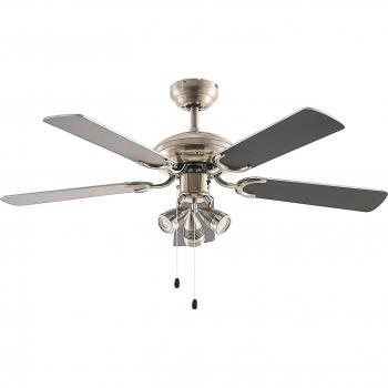 Ventilador de techo con luz Anariki, silencioso, plateado, tradicional, hecho de metal y vidrio para salón y comedor, 3 lámparas GU10