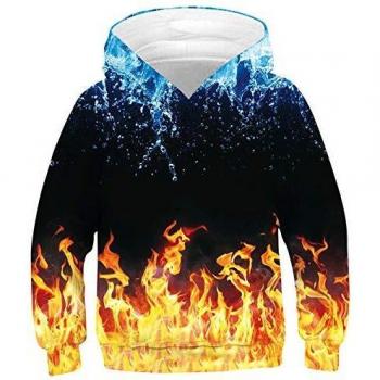 SunFocus Pullover Jumpers para niños 3D Print Boys Sudadera Negra de Manga Larga Girls Realistic Fire Water Pullover para Diario Street Wear XL