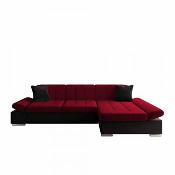 Sofá rinconero Comfivo 219 con reposabrazos regulables, medidas 278 x 76 x 151 cm, disponible en color rojo y combinaciones de tela Kronos