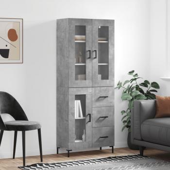 Aparador alto de madera contrachapada gris hormigón 69,5x34x180 cm con 1 puerta de cristal y 3 cajones, mueble de almacenaje para salón, buffet y armario auxiliar