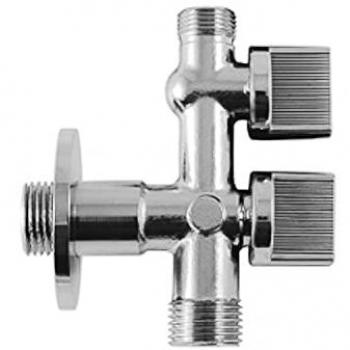 Llave de Escuadra Doble Salida 3/4 y 3/8, Entrada de 1/2, Llave de Paso Doble, Llave Angular Doble, Toma Lavadora Doble - WOL