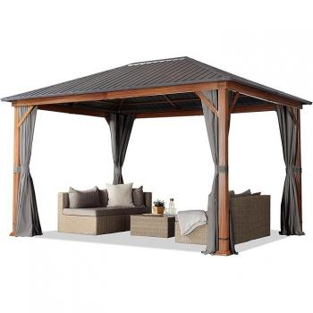 Cenador de jardín TOOLPORT Forest Superior 3x4 m, aspecto madera roble, techo sólido, 4 cortinas en gris