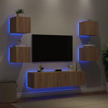 Muebles de TV de pared con LED 6 piezas de madera multicapa de roble Sonoma Vidaxl Marrón