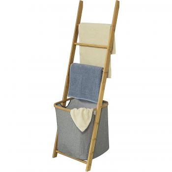 SoBuy soporte de toallas de baño con 3 rieles colgantes y cesta de lavandería extraíble, Estantería de baño con Cesta para Ropa y Tres toalleros, H140 cm, FRG263-N