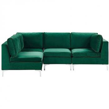 Sofá Esquinero Modular Derecho de Terciopelo Verde 4 Plazas con Patas de Metal Plateadas