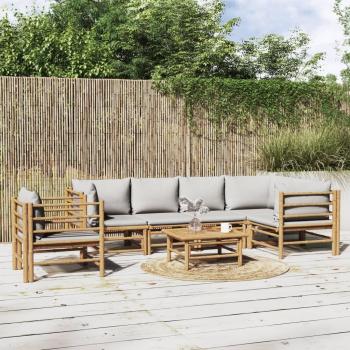 7-Piece Bamboo Garden Lounge Set with Light Grey Cushions