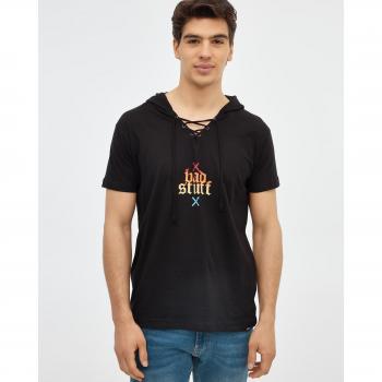 Camiseta de manga corta y cuello de pico con cordones y capucha INSIDE, estampado gráfico, color negro