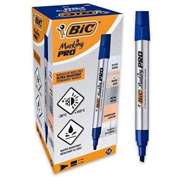 BIC Marking Pro - Caja de 12 unidades, marcadores permanentes punta biselada, color azul