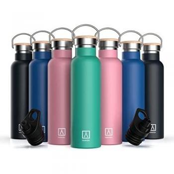 NUMADA-Botella Térmica Acero Inox 600ml Menta Estanca con Doble Pared al Vacío y Recubrimiento Cerámico. Mantiene Frío 24H y Calor 12H|Boca Ancha|Libre BPA|Incluye 2 Tapones