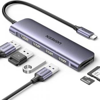 Hub USB-C Ugreen CM511 6 en 1 con HDMI 4K, 3 puertos USB-A 3.0 y lector de tarjetas SD/TF - Gris