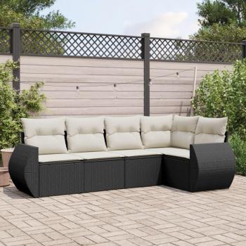 5-Piece Black Poly Rattan Garden Sofa Set with Cushions