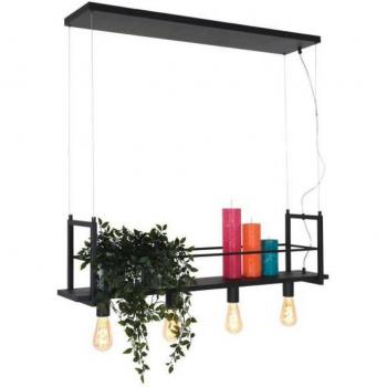 Lámpara de Techo Colgante Buckley 4-flammig en Negro Mate con Estante, E27, Ajustable, Dimensiones 100x20x140 cm