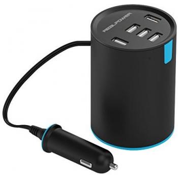 Cargador de Auto USB RealPower Tube 5, 2400 mA, 5 Puertos, Negro y Azul