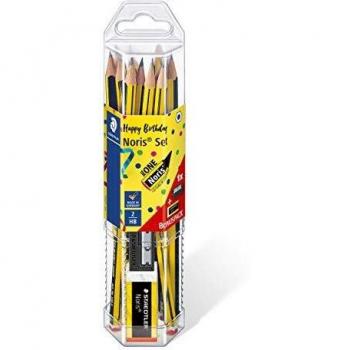STAEDTLER 61 120P2 Noris Edición Limitada Feliz Aniversario - Tubo hexagonal transparente con 12 lápices de grafito Noris HB de Grafito, 1 Goma de borrar Noris + GRATIS 1 Afilalápices