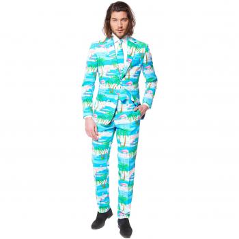 OppoSuits Men's Flamingo Suit - A stylish and vibrant suit featuring a colorful flamingo pattern, made from high-quality polyester fabric, designed for men, includes a blazer and matching trousers, perfect for parties or themed events