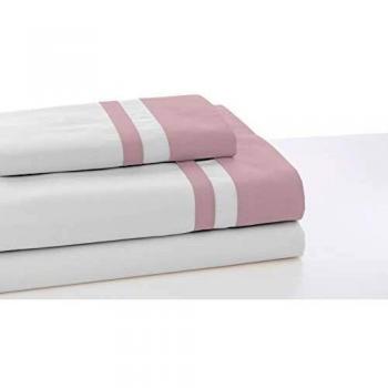 ESTELIA - Juego de sábanas Color Blanco con Detalle Rosa - Cama de 200