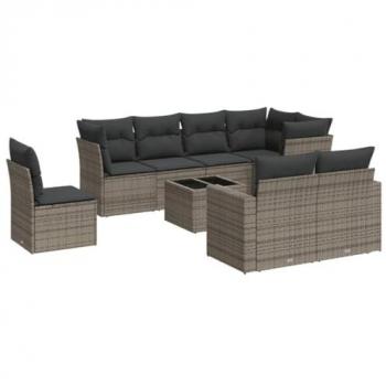 9-Piece Grey Poly Rattan Garden Sofa Set with Cushions