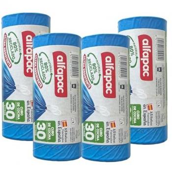 Bolsas de basura 'Overlap' 80% reciclado, ultra resistentes, triple capa, antigoteo, autocierre, 4 rollos de 15 bolsas (60 bolsas), capacidad 30L, dimensiones 55x60cm
