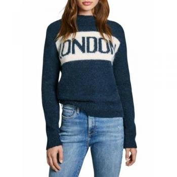 Jersey de Mujer Pepe Jeans Hilda Azul Marino con Cuello Perkins y Logo Intarsia, Talla L