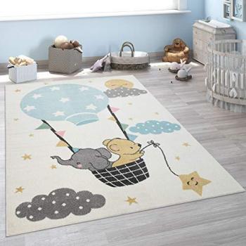 Alfombra Pelo Corto Habitación Infantil Elefante Oso Globo Luna Beige 133x190 cm