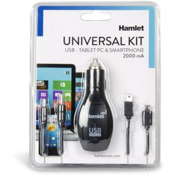 Cargador Universal para Auto 12V/USB con 4 Conectores para Smartphone y Tableta - Hamlet XPW12MOB