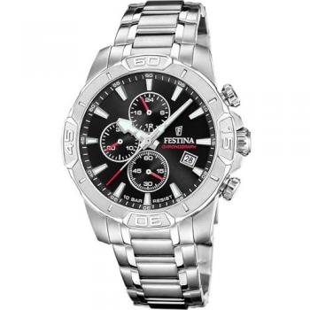 Reloj de Hombre Festina Timeless Chronograph F20704/3, Cronógrafo Analógico, Acero Inoxidable Plateado, Esfera Negra, Resistente al Agua 100m