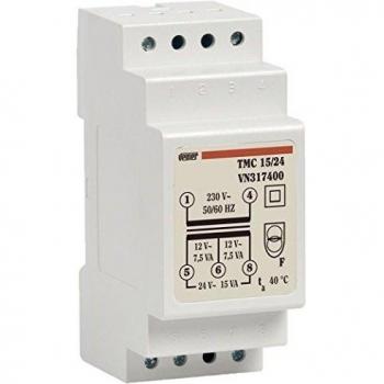 Transformador de Seguridad Vemer TMC 15/24 - Doble Aislamiento, 15VA, 12-24V, Instalación en Barra DIN
