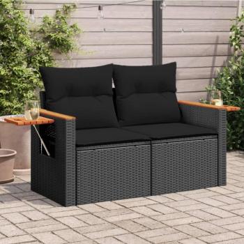 Sofá de jardín 2 plazas negro en Polyrattan con almohadas y cojines ratán sintético