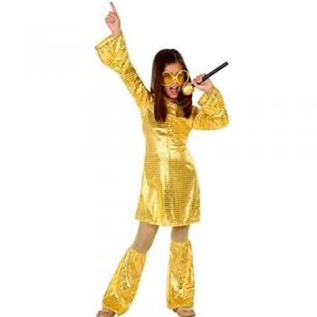 Disfraz de Disco Dorado para Niña 7-9 Años - Incluye Vestido y Calentadores, Ideal para Fiestas y Carnaval