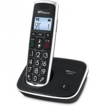 SPC Comfort Kaiser teléfono inalámbrico color negro con teclas y digitos grandes, compatible con audífonos, agenda de 20 nombres y números y manos libres