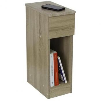 Mesita de Noche Slim en Madera Clara con 1 Cajón y 1 Hueco, Estilo Natural, Ahorro de Espacio, Dimensiones 60x35x20 cm