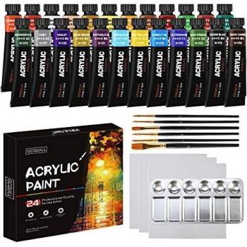 hhhouu Set de Pintura Acrilicas, Tubos de 12ml, 24 Colores, 6 Piezas pinceles, 3 Paneles de Lienzo, 1 Paleta, para Artistas, Pricipiantes y Niños GC-AP24