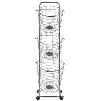 Carrito de Almacenamiento Metálico Gris de 3 Niveles con Ruedas y Asas para Cocina y Baño - Cestas Desmontables para Toallas, Periódicos, Frutas y Verduras