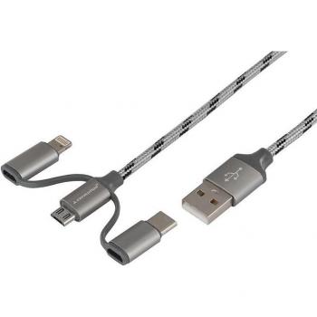 Cable de carga y sincronización 120 cm, 3 en 1: USB > micro USB + Lightning + USB-C