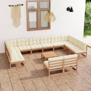 Set de muebles de jardín 13 pzs cojines madera pino marrón miel