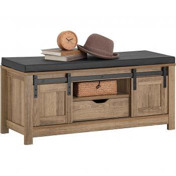 Banco de almacenamiento SoBuy FSR118-BR con cojín de asiento extraíble, color marrón, tipo zapatero con puerta corrediza de granero y cajón, dimensiones 100 x 35 x 46 cm