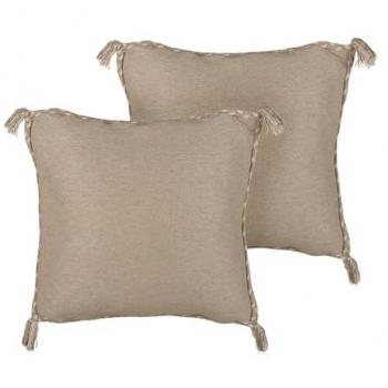 Set de 2 Cojines Decorativos de Yute Beige 45 x 45 cm con Funda Extraíble y Borlas Decorativas