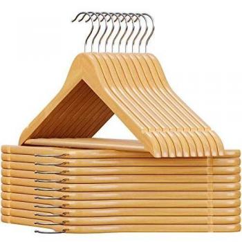 SONGMICS Set de 20 Perchas de Madera de arce Multifuncionales con Barra para Pantalones, Gancho Giratorio a 360°, Gancho Cromado Muescas, Color Natural CRW001-20