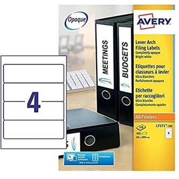 Etiquetas Autoadhesivas para Carpetas de Palanca Avery, 200 x 60 mm, Pack de 400 Etiquetas, 4 Etiquetas por Hoja A4