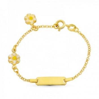 Esclava de oro 18k para bebé con margaritas esmaltadas y chapa lisa