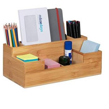 Organizador de Escritorio Relaxdays, 7 Compartimentos, Bambú Natural, 11 x 30 x 15 cm