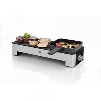 WMF Kitchenminis - Mini Grill 1000 W, dos zonas de cocción, temperatura ajustable, placas antiahderentes, incluye sartén individual , superficie plana y estriada