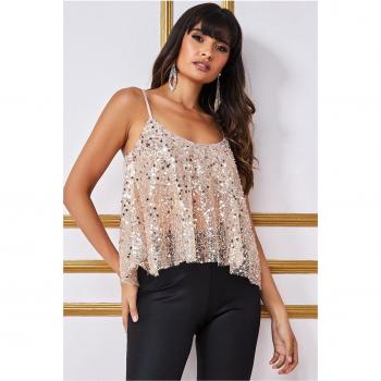 Goddiva Naked See Through Sequin Cami - Champagne/Gold Leather, Size 8 UK