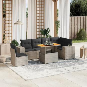 Set de sofás de jardín 7 piezas con almohadas grises en Polyrattan
