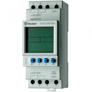 Temporizador Digital Finder 12.92.8.230.0000 para Carril DIN, 2 Canales, 16A, Programación Semanal con Función Astro, 230V AC