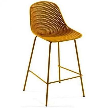 Kave Home - Taburete Alto de Bar Quinby Amarillo 75 cm con Respaldo de plástico y Patas de Acero en Amarillo