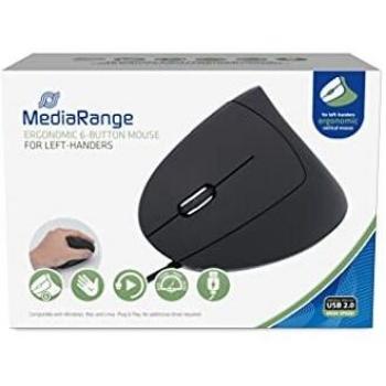 Ratón Ergonómico para Zurdos USB, 6 Botones, Óptico, 2400 DPI, Cableado, Negro