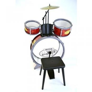 Bontempi Batería Musical Infantil Roja con Taburete, 2 Tambores, 1 Bombo, 1 Platillo y 2 Baquetas, A partir de +3 años