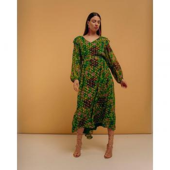 Niza - Vestido Midi Estampado Floral Verde Asimétrico